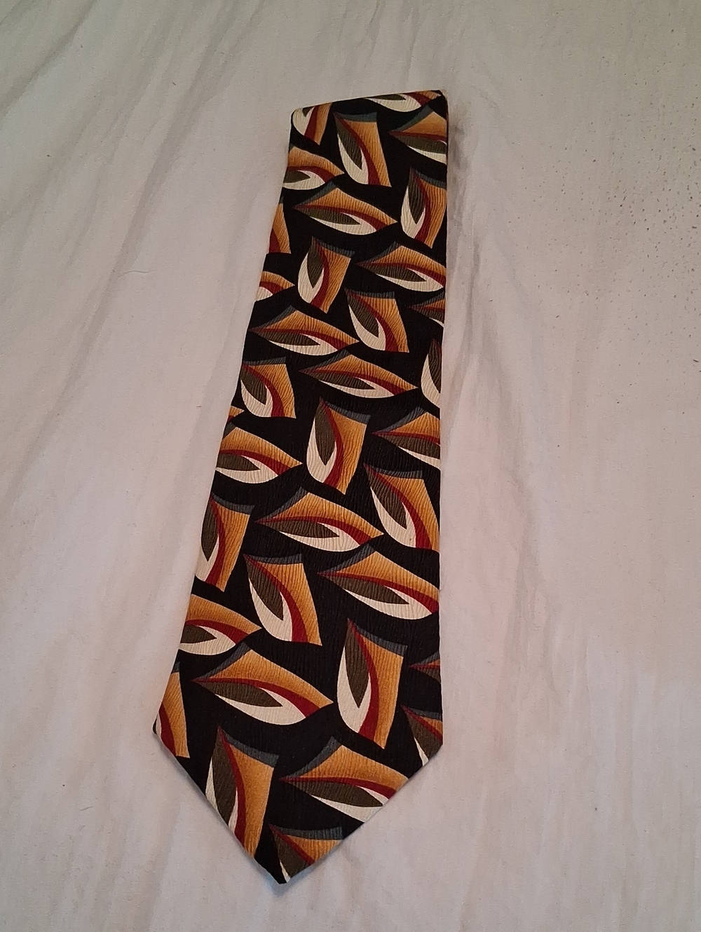 Cocktail Collection Mens Black Tie with Gold and Burgundy Geometric Leaf Pattern